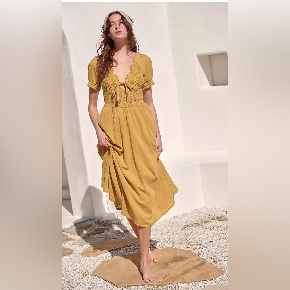 Mustard Yellow Lace-Trim Midi Dress